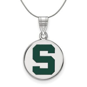 Sterling Silver Michigan State Medium Enamel 'S' Disc Necklace - 24 In